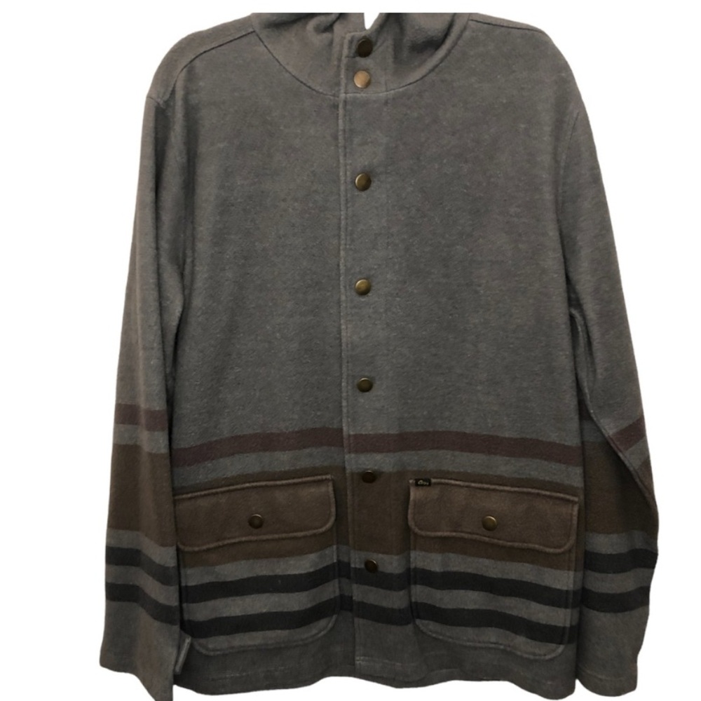 Obey Stripe Snap Button Hooded Jacket XL Flap Pockets Long Sleeve Gray